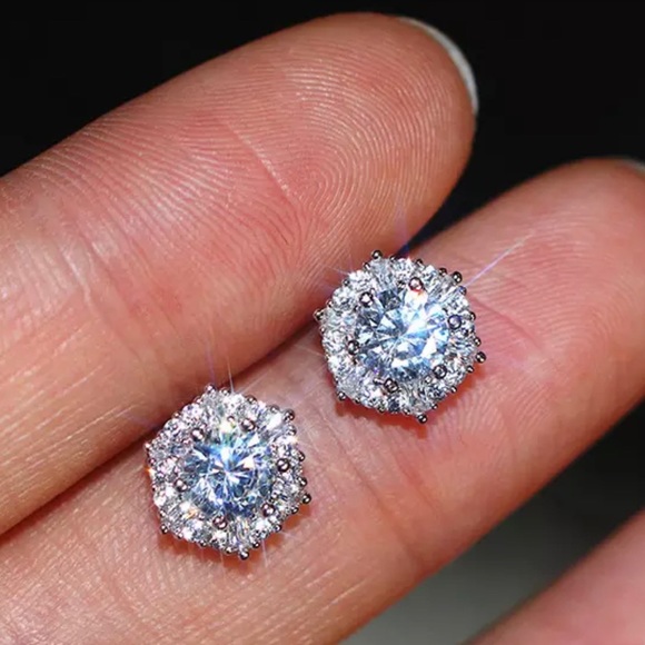 Hexagon Diamond Halo Stud Earrings - Picture 2 of 9
